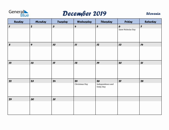 December 2019 Calendar with Holidays in Slovenia