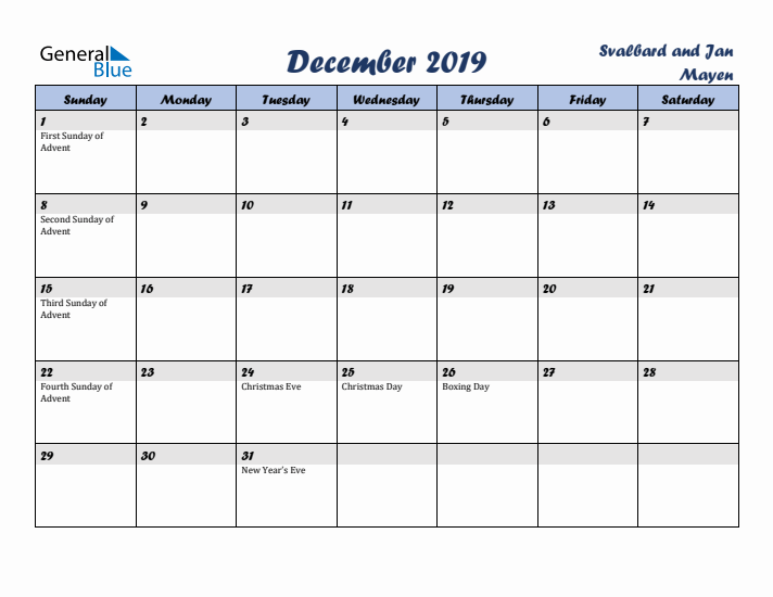 December 2019 Calendar with Holidays in Svalbard and Jan Mayen