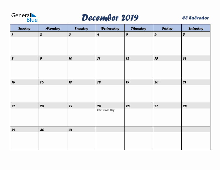 December 2019 Calendar with Holidays in El Salvador