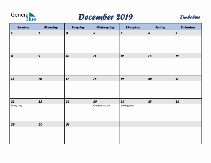 December 2019 Calendar with Holidays in Zimbabwe