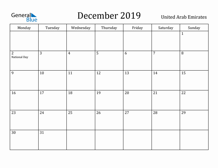 December 2019 Calendar United Arab Emirates