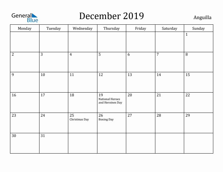 December 2019 Calendar Anguilla