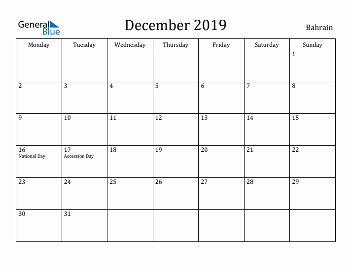 December 2019 Calendar Bahrain