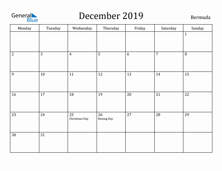 December 2019 Calendar Bermuda