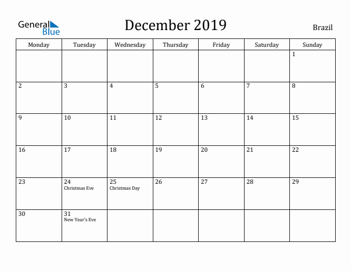 December 2019 Calendar Brazil