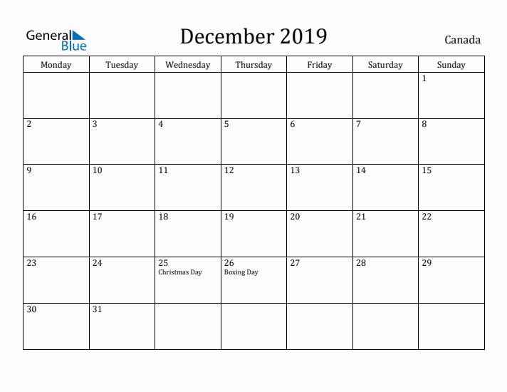 December 2019 Calendar Canada