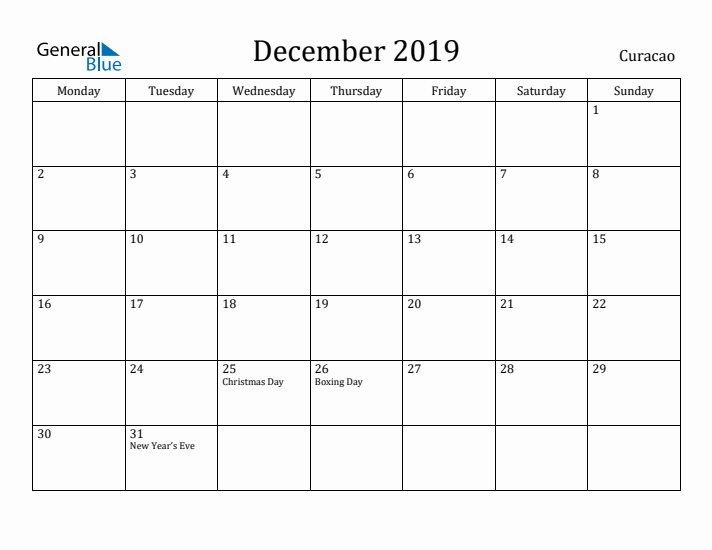 December 2019 Calendar Curacao