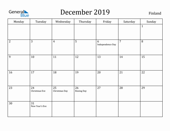 December 2019 Calendar Finland