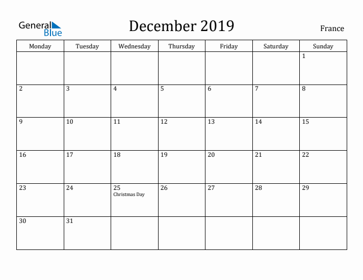 December 2019 Calendar France