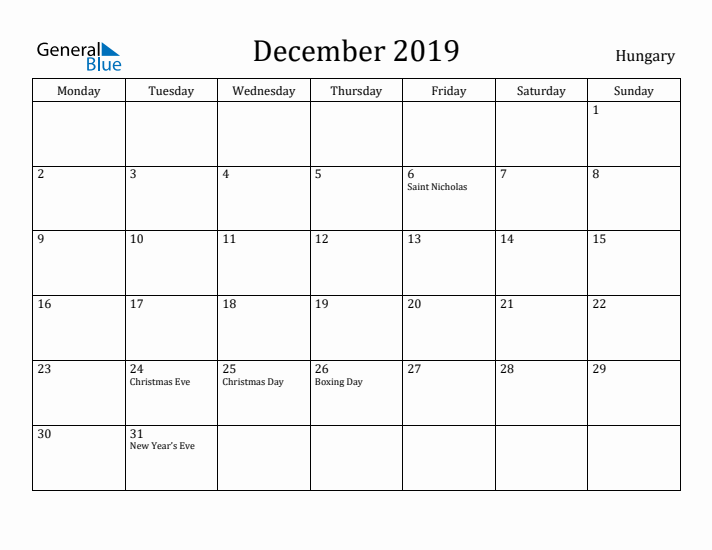 December 2019 Calendar Hungary