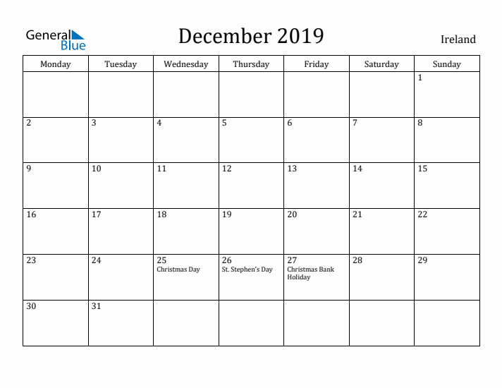 December 2019 Calendar Ireland