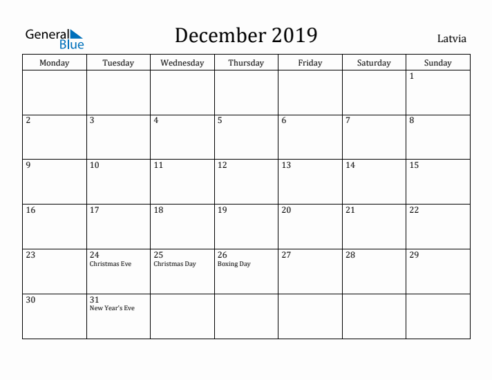 December 2019 Calendar Latvia