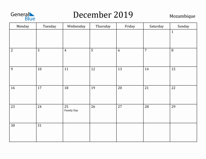 December 2019 Calendar Mozambique