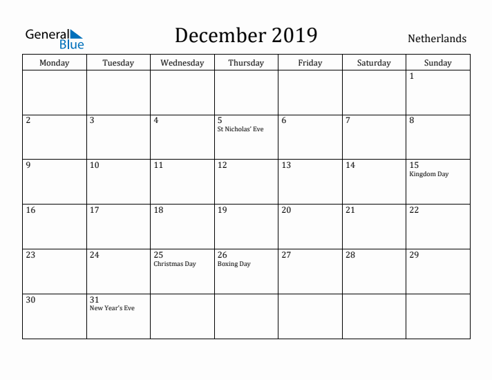 December 2019 Calendar The Netherlands