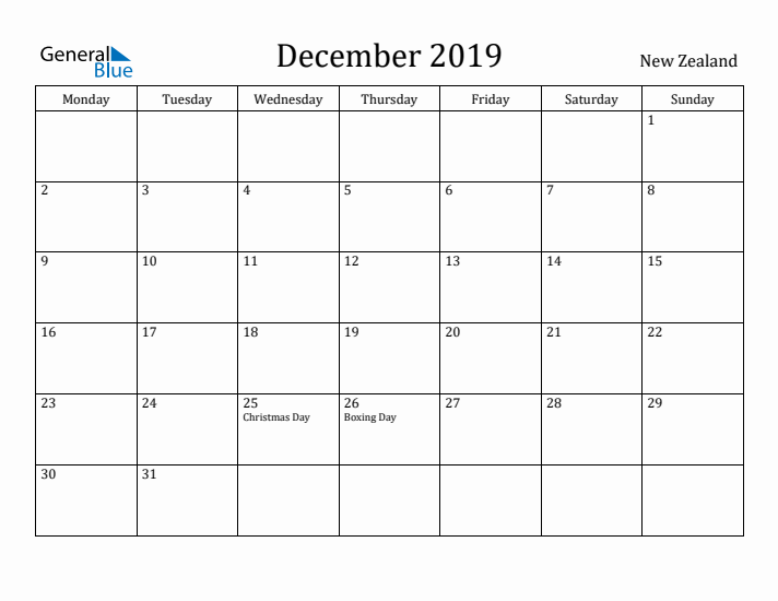 December 2019 Calendar New Zealand