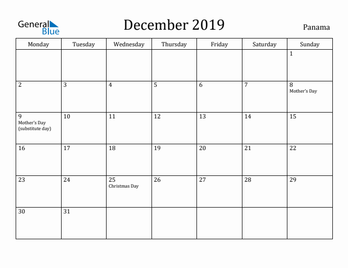 December 2019 Calendar Panama