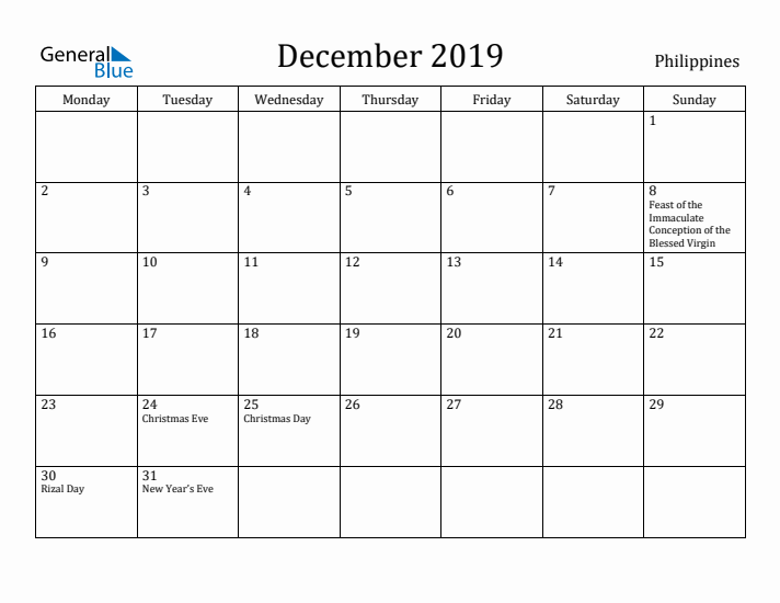 December 2019 Calendar Philippines