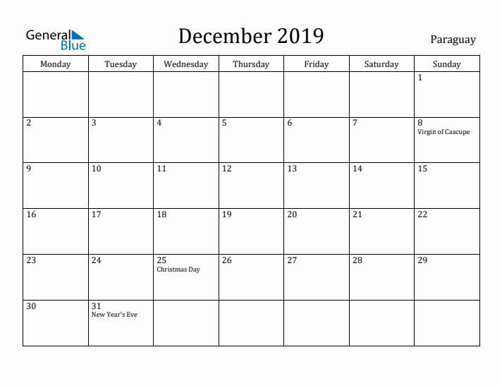 December 2019 Calendar Paraguay