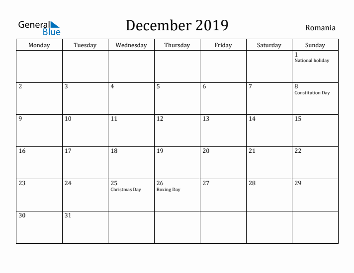 December 2019 Calendar Romania