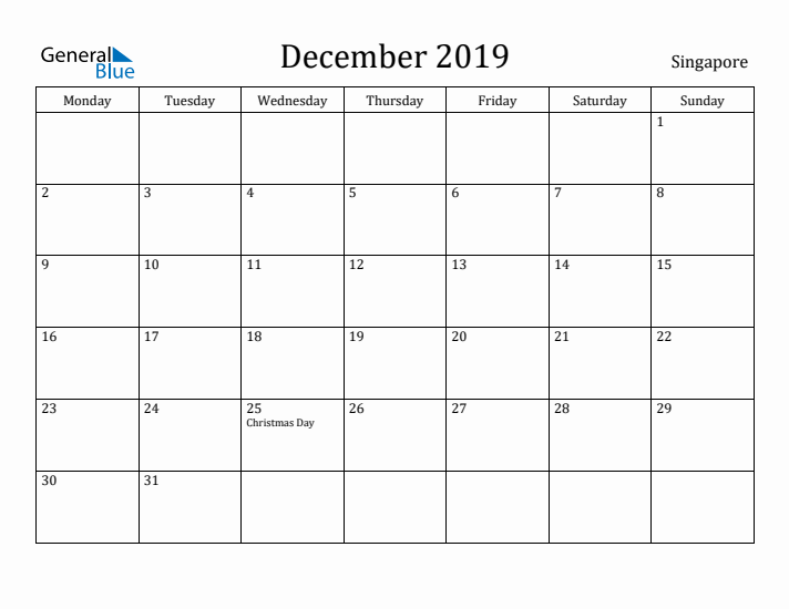 December 2019 Calendar Singapore