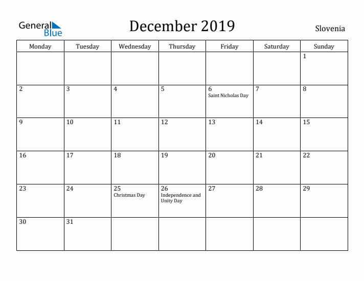 December 2019 Calendar Slovenia