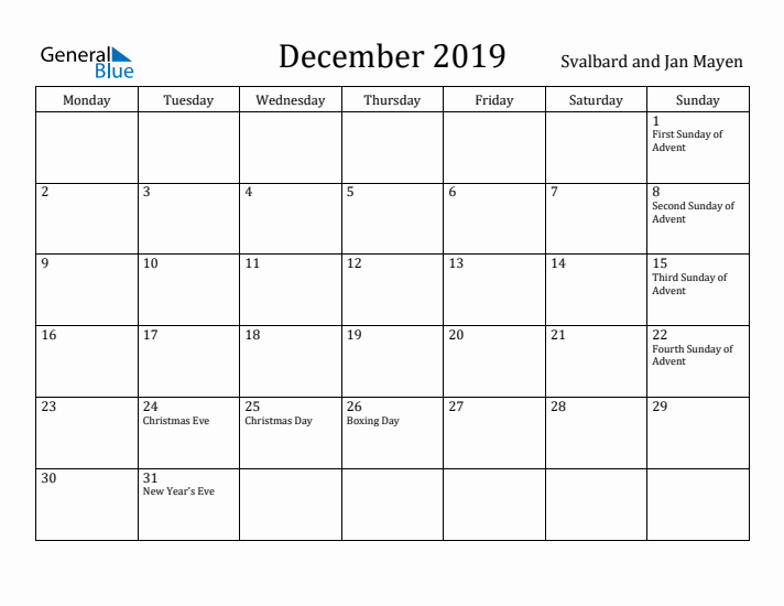 December 2019 Calendar Svalbard and Jan Mayen