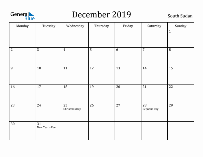 December 2019 Calendar South Sudan