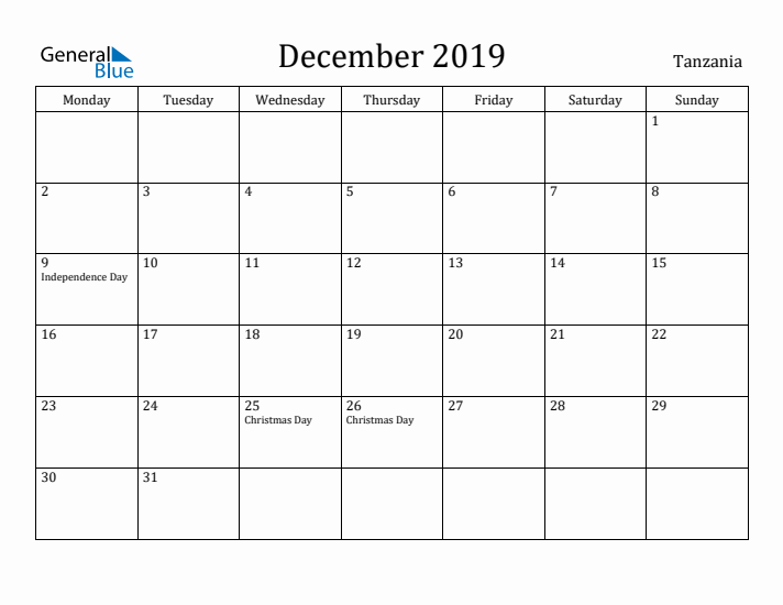 December 2019 Calendar Tanzania