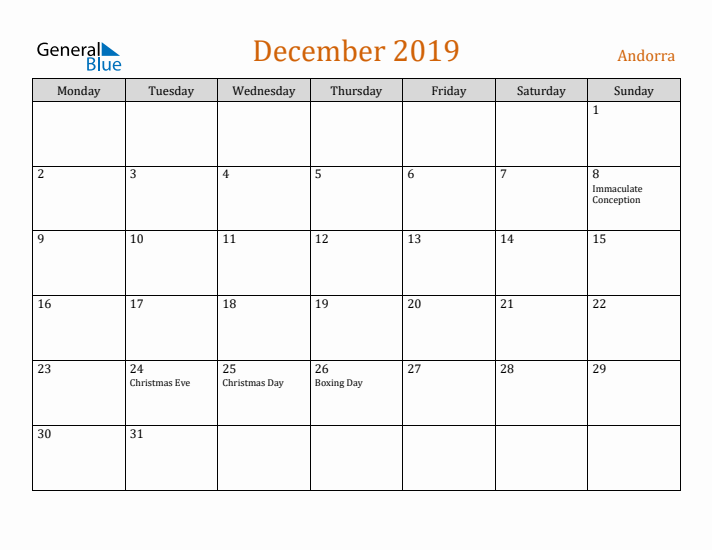 December 2019 Holiday Calendar with Monday Start