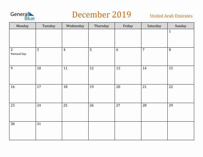 December 2019 Holiday Calendar with Monday Start