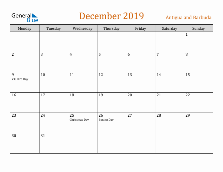 December 2019 Holiday Calendar with Monday Start