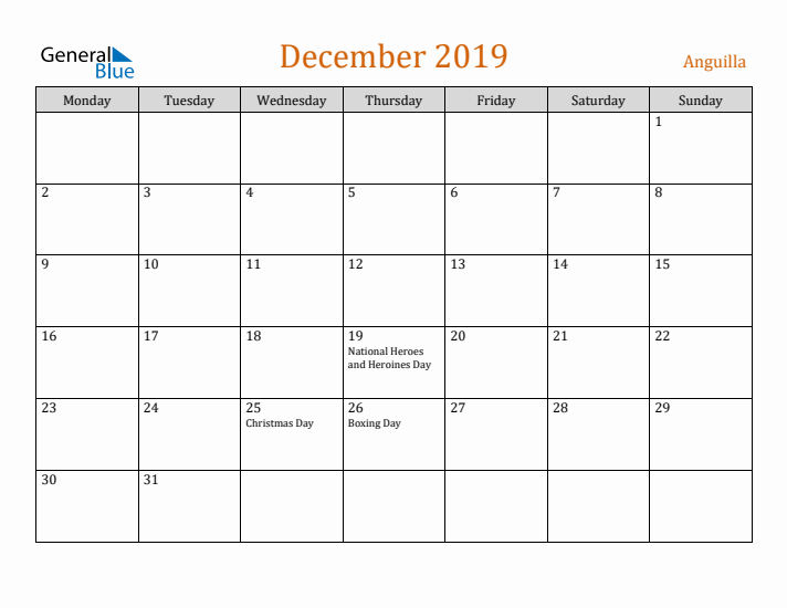 December 2019 Holiday Calendar with Monday Start