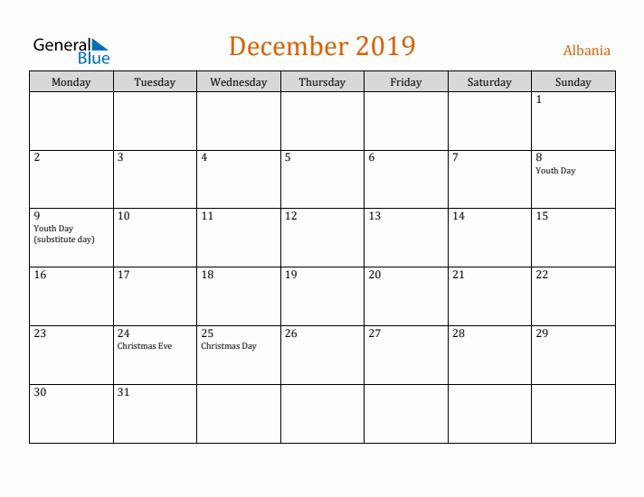 December 2019 Holiday Calendar with Monday Start