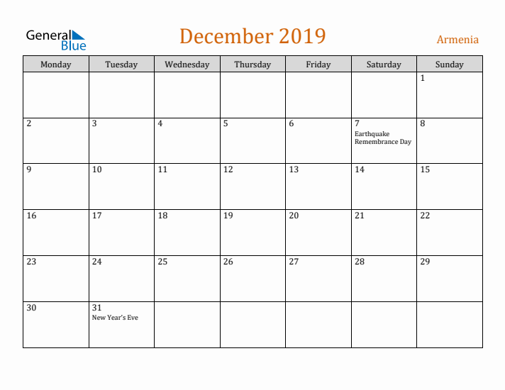 December 2019 Holiday Calendar with Monday Start