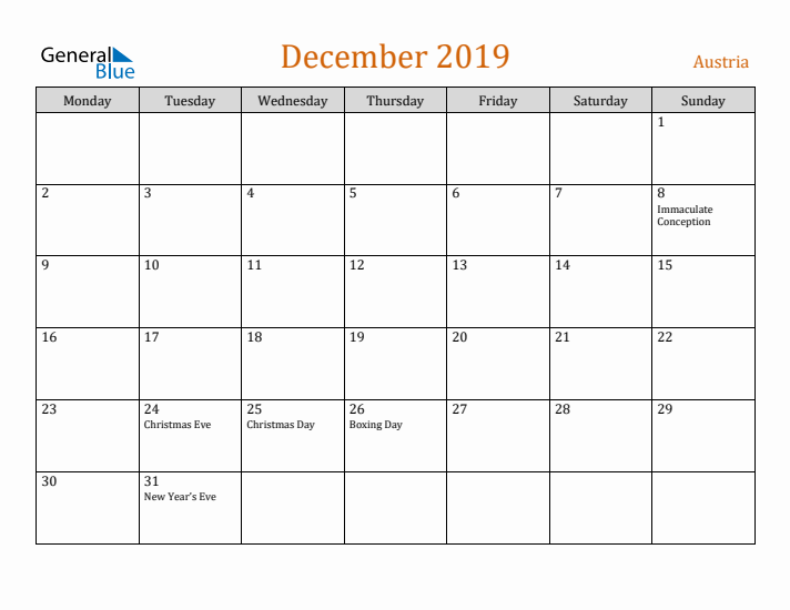 December 2019 Holiday Calendar with Monday Start