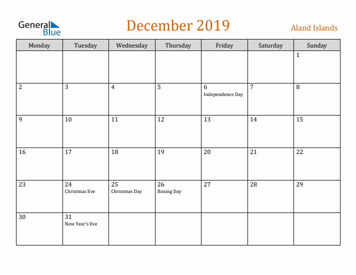 December 2019 Holiday Calendar with Monday Start