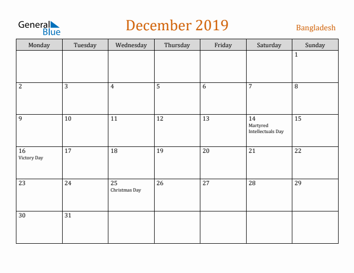 December 2019 Holiday Calendar with Monday Start