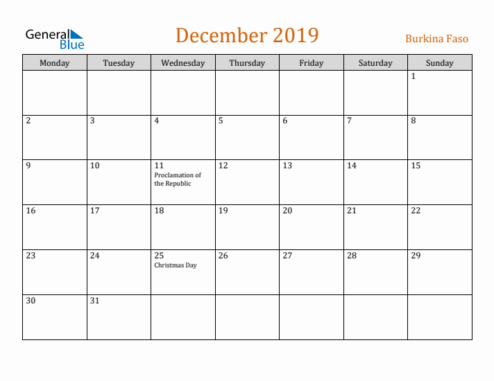 December 2019 Holiday Calendar with Monday Start