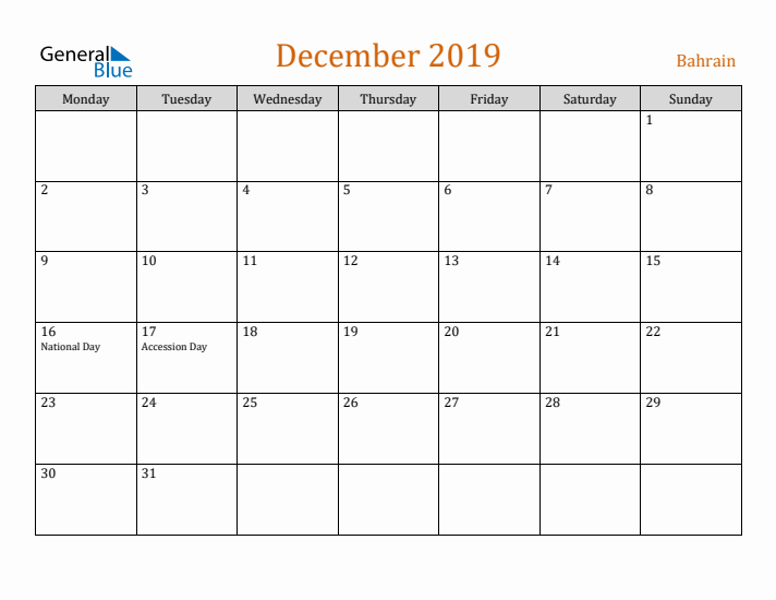 December 2019 Holiday Calendar with Monday Start