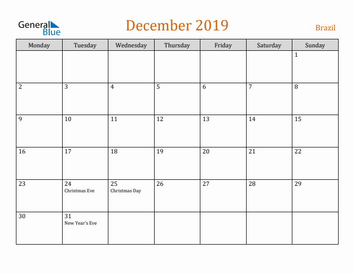 December 2019 Holiday Calendar with Monday Start