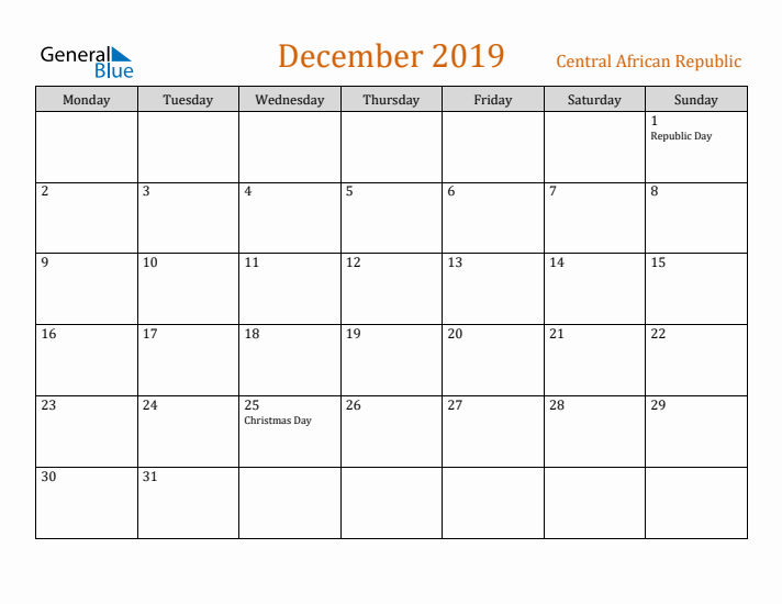 December 2019 Holiday Calendar with Monday Start