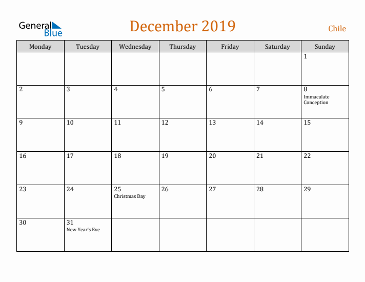 December 2019 Holiday Calendar with Monday Start