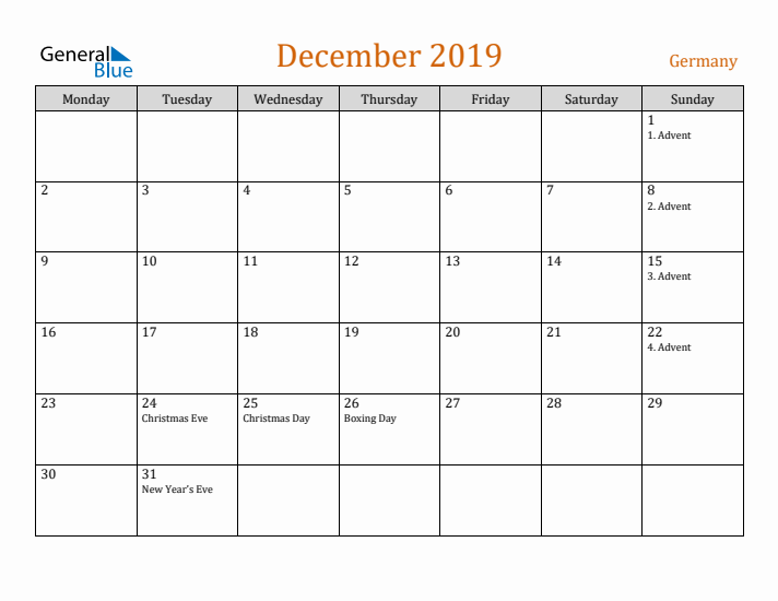 December 2019 Holiday Calendar with Monday Start