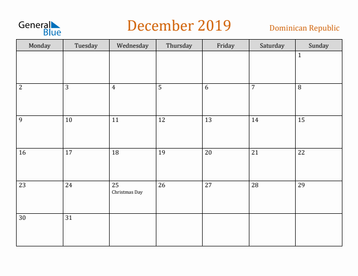 December 2019 Holiday Calendar with Monday Start