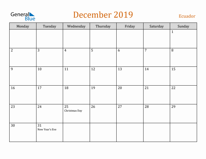 December 2019 Holiday Calendar with Monday Start