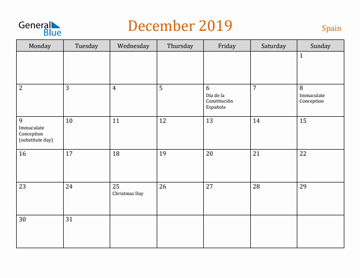 December 2019 Holiday Calendar with Monday Start