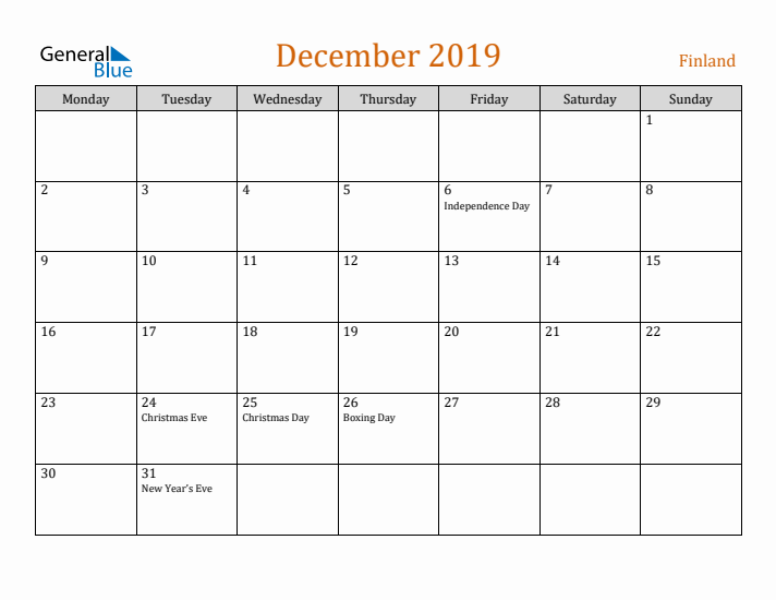 December 2019 Holiday Calendar with Monday Start