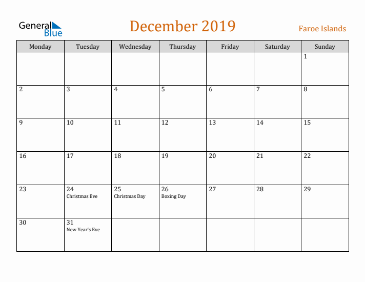 December 2019 Holiday Calendar with Monday Start