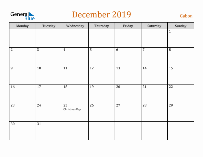 December 2019 Holiday Calendar with Monday Start