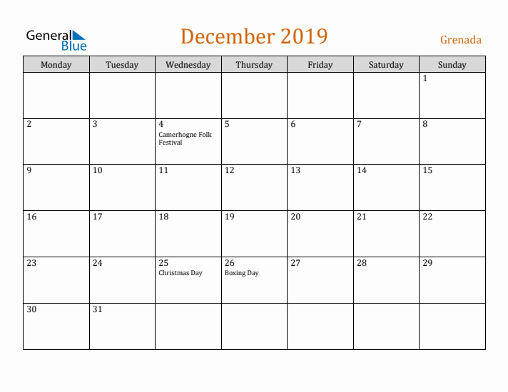 December 2019 Holiday Calendar with Monday Start